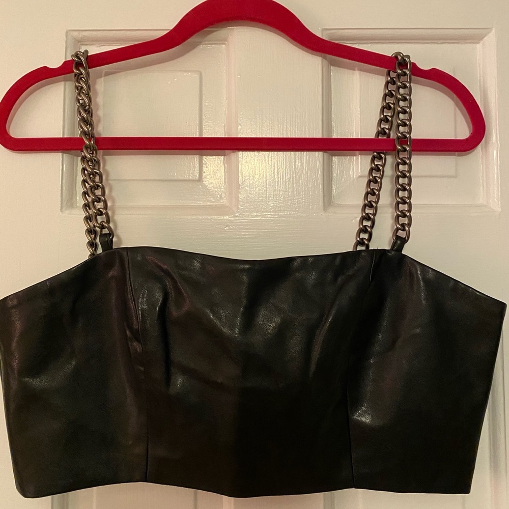 Black Leather Crop Top with Chain Straps